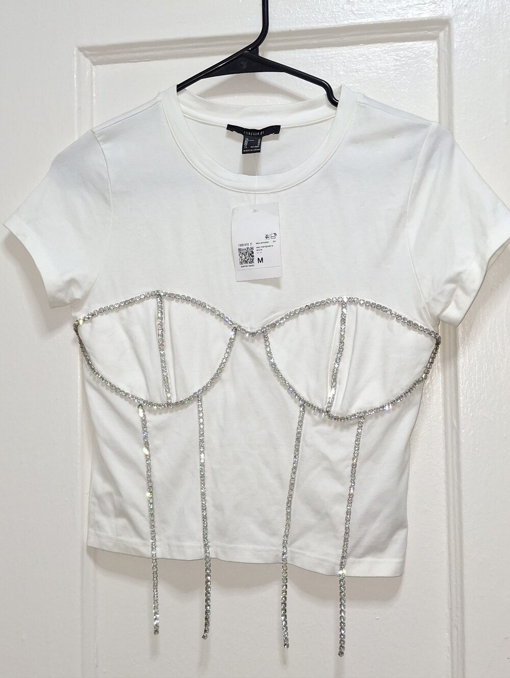 Forever 21 Rhinestone Corset White Crop Top Shirt M NWT Minor Flaw